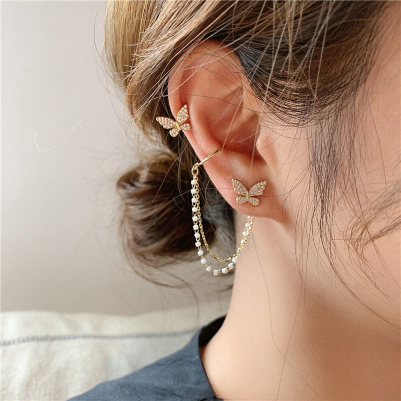Butterfly Ear Clips for Women - Korean Style Tassel Earrings