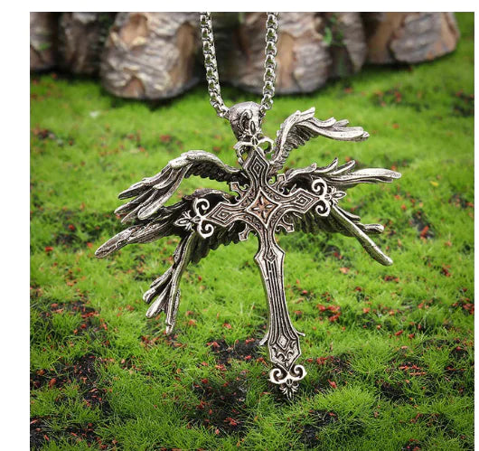 Classic Retro Angel Wings Cross Pendant Necklace