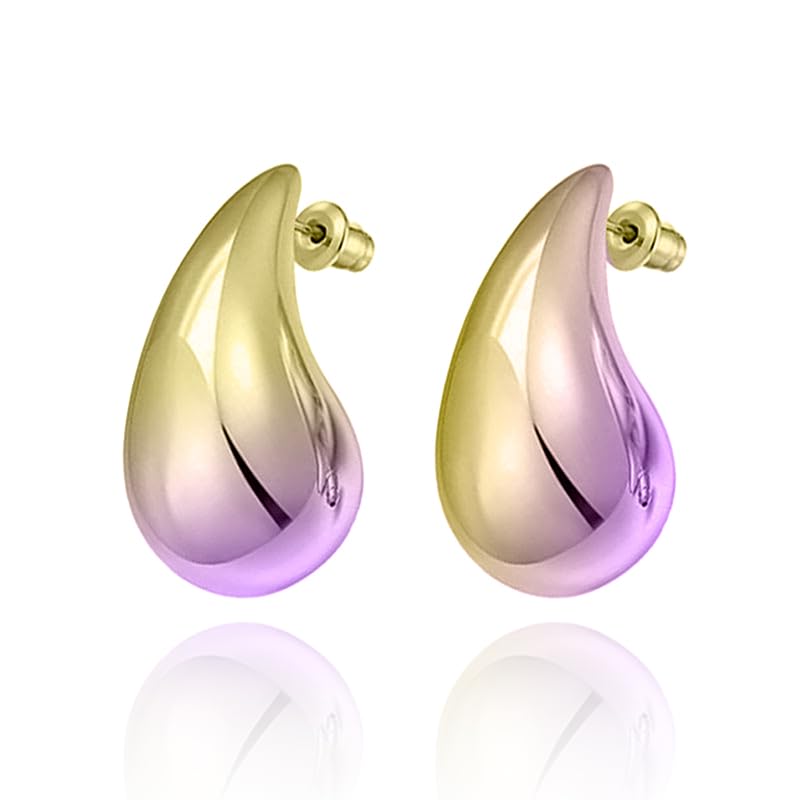 QLUYCKW 14K Gold Plated Teardrop Chunky Hoop Earrings for Women Waterdrop Gold Earrings Lightweight Teardrop Gold Big Earrings Geometric High Polished Statement Hoop Earrings Fashion Jewelry Gift (Colourful Purple)