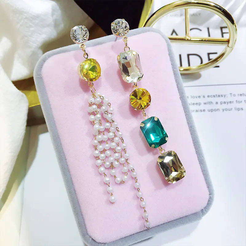 Exaggerated Asymmetrical Crystal Earrings with Pearls