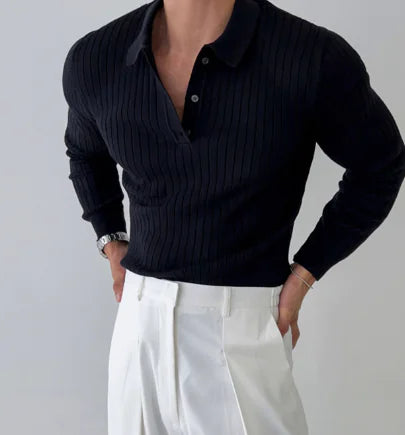 Men's Ribbed Knit Polo Shirt - Casual Button-Up Top