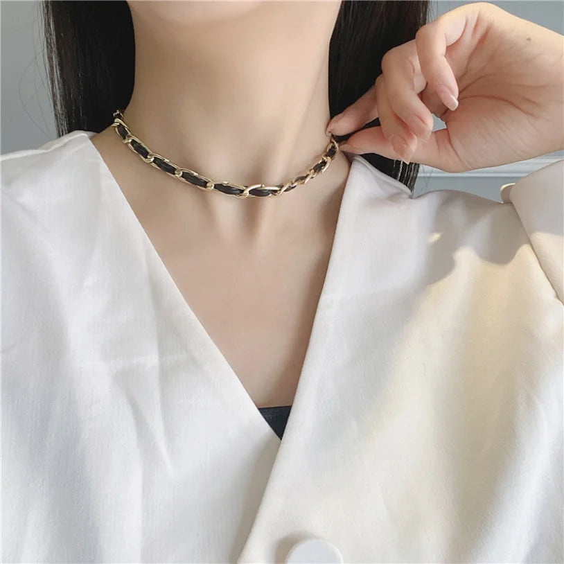 316L Stainless Steel New Fashion Fine Jewelry Leather Weave Interweave Charms Thick Chain Choker Necklaces & Pendants For Women