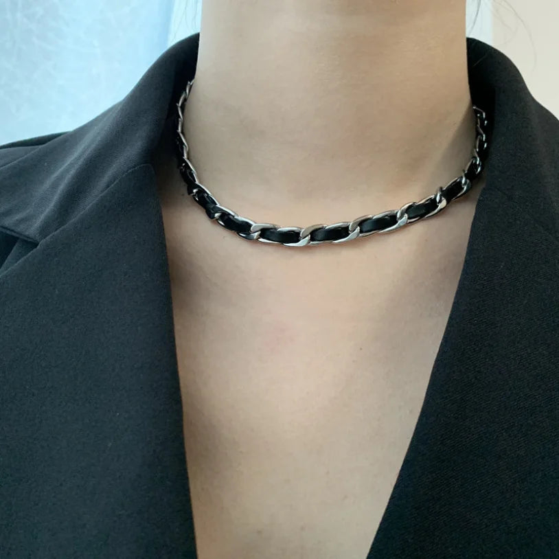 316L Stainless Steel New Fashion Fine Jewelry Leather Weave Interweave Charms Thick Chain Choker Necklaces & Pendants For Women