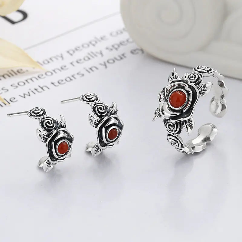 Vintage Distressed Rose Ring in S925 Sterling Silver