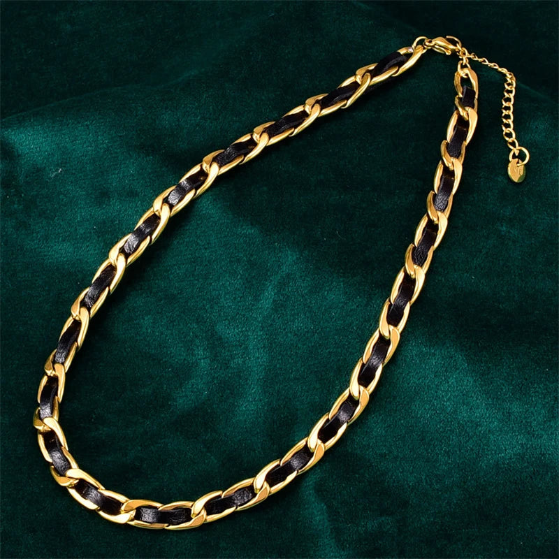 316L Stainless Steel New Fashion Fine Jewelry Leather Weave Interweave Charms Thick Chain Choker Necklaces & Pendants For Women