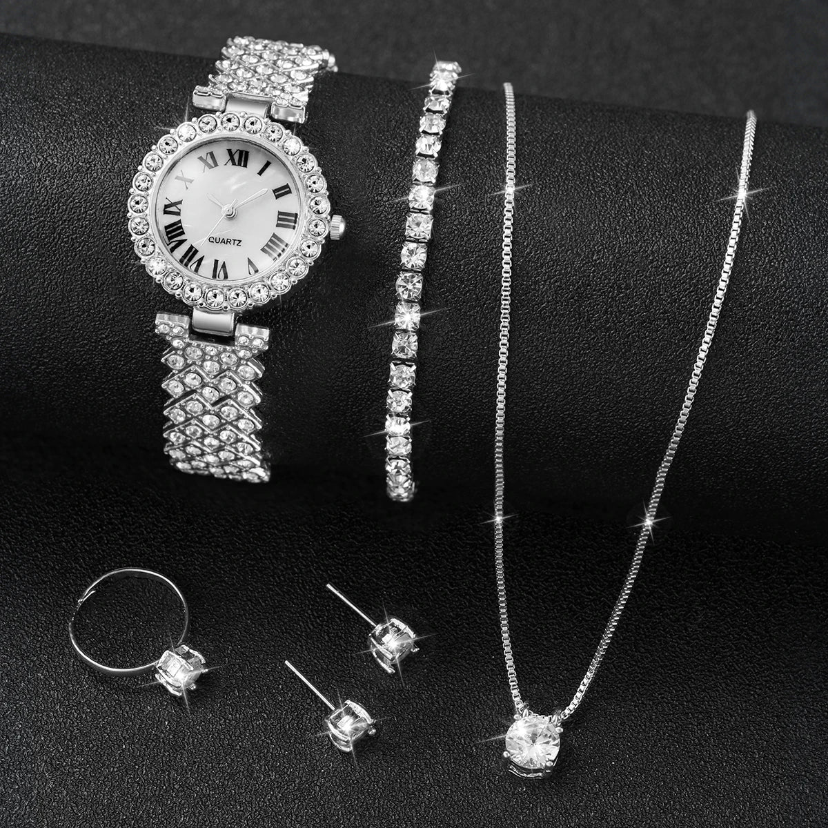 6PCS/Set Women's Watch Fashion Rhinestone Roma Dial Steel Band Quartz Watches Diamond Jewelry Set（Without Box）