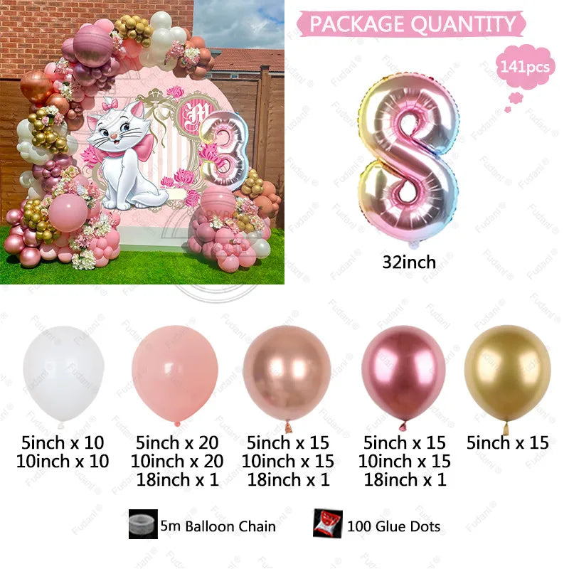 141pcs Disney Pink Marie Cat Balloons Arch Garland Kit Age 3 4 5th Birthday Party Decorations White Peach Latex Balls Air Globos