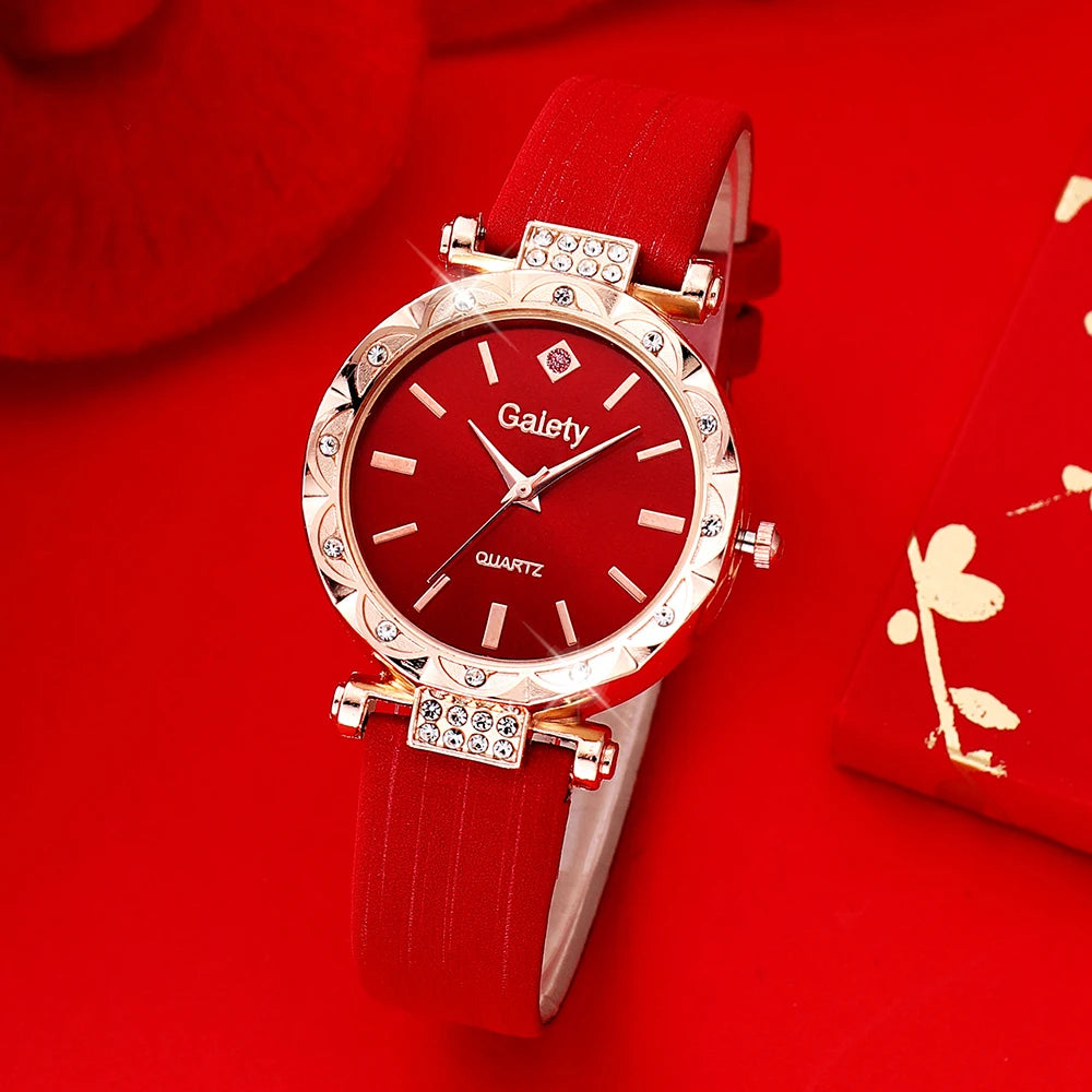5 Women's Quartz Watches With Red Leather Straps, Heart-shaped Necklaces, Earrings, And Rings. Gifts For Eid Al Fitr