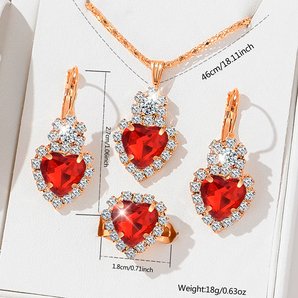 5 Women's Quartz Watches With Red Leather Straps, Heart-shaped Necklaces, Earrings, And Rings. Gifts For Eid Al Fitr