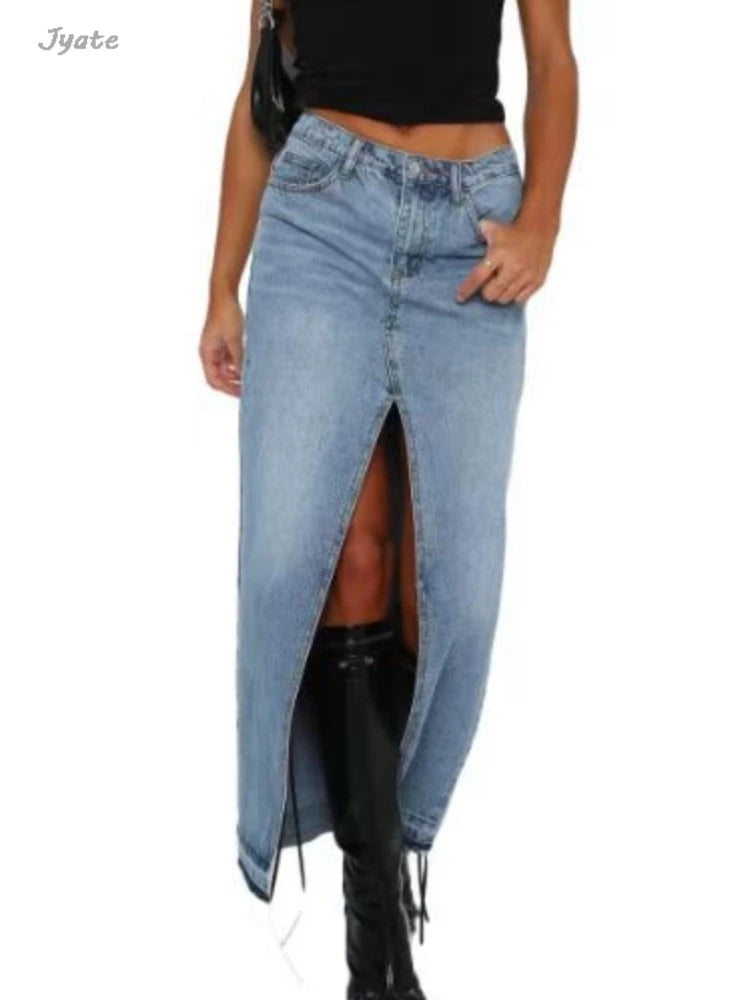 2024 New Fashion Casual Solid Slit Denim Skirt High Wasit Button Pocket Vintage Streetwear Women Spring Summer Long Skirts