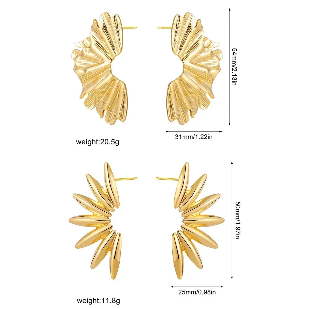Creative Gold Plated Fan-shaped Stud Earrings for Women Unique Statement Gold Color Leaf Earrings Daily Waterproof Jewelry
