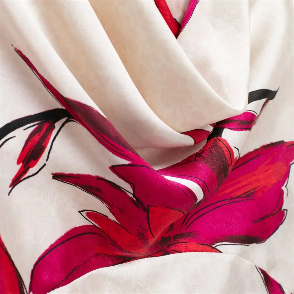 2024 ZAR4 Summer New Women's Clothing Style Fashionable Flower Printed Silk Texture Midi Dress