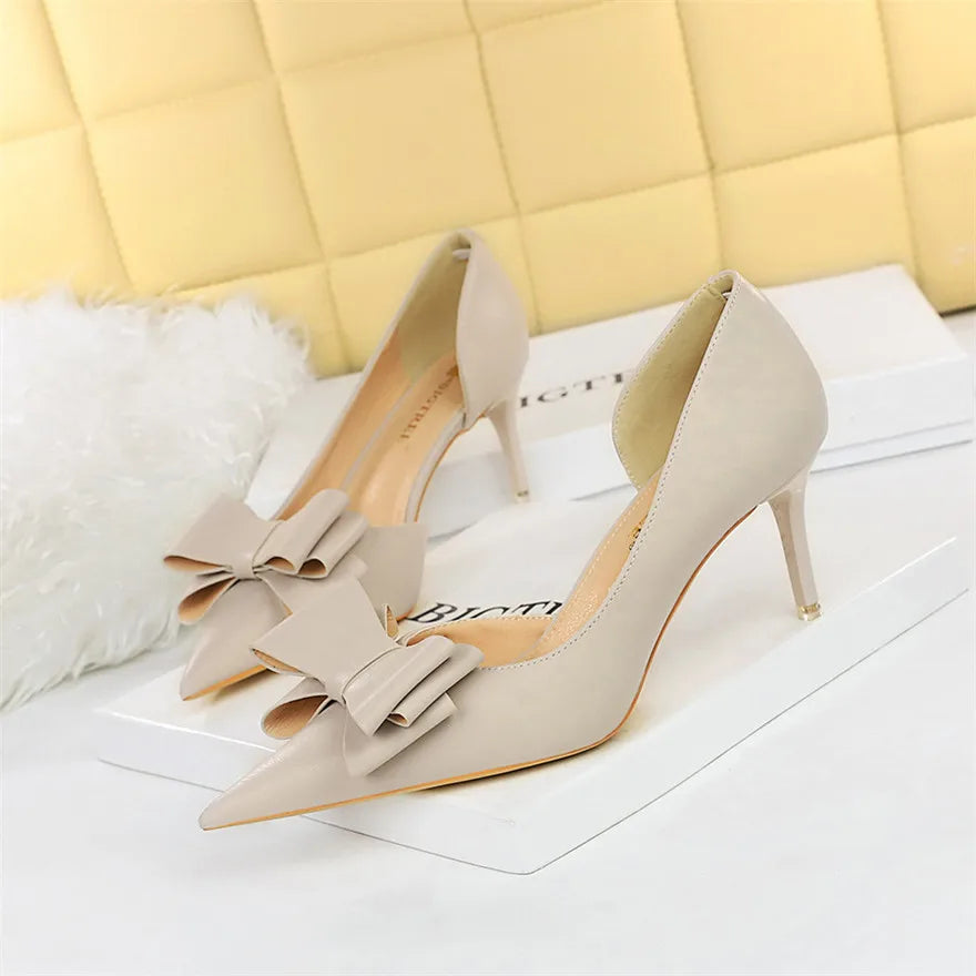 Side Hollow Soft Leather Women Pumps 7 Color Fashion Bowtie Pointed Toe High Heels Ladies Dress Wedding Shoes Woman Work Shallow