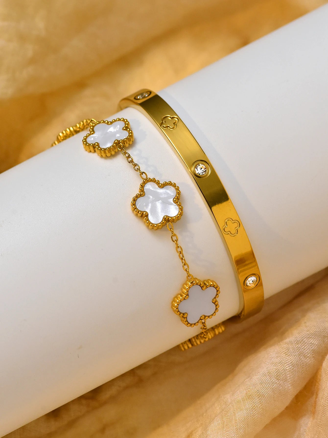 2 Pcs Stacked Stainless Steel Clover Bracelet Holiday Christmas Gift Set Everyday Jewellery In Stock Wholesale Available