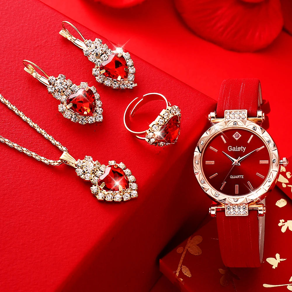 5 Women's Quartz Watches With Red Leather Straps, Heart-shaped Necklaces, Earrings, And Rings. Gifts For Eid Al Fitr