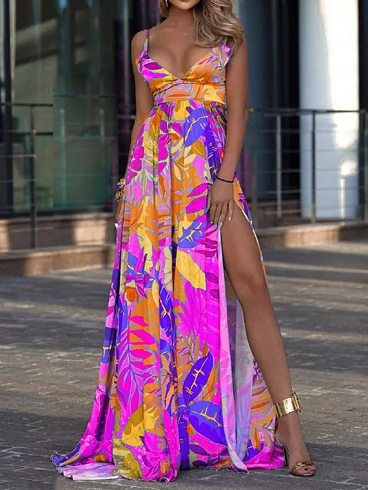 Color Print Spaghetti Strap Long Dresses Women Sexy Deep V-neck Backless Slit Dress Fashion Bohemian Beach Vacation Maxi Vestido
