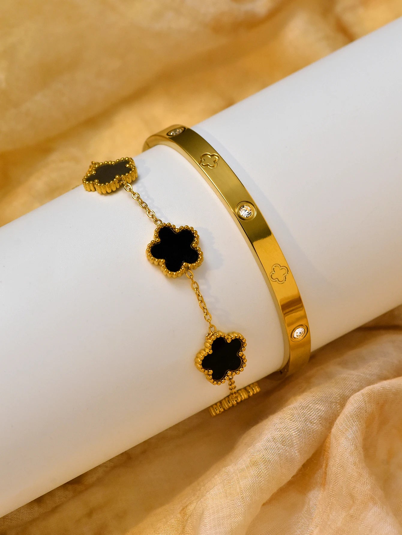 2 Pcs Stacked Stainless Steel Clover Bracelet Holiday Christmas Gift Set Everyday Jewellery In Stock Wholesale Available