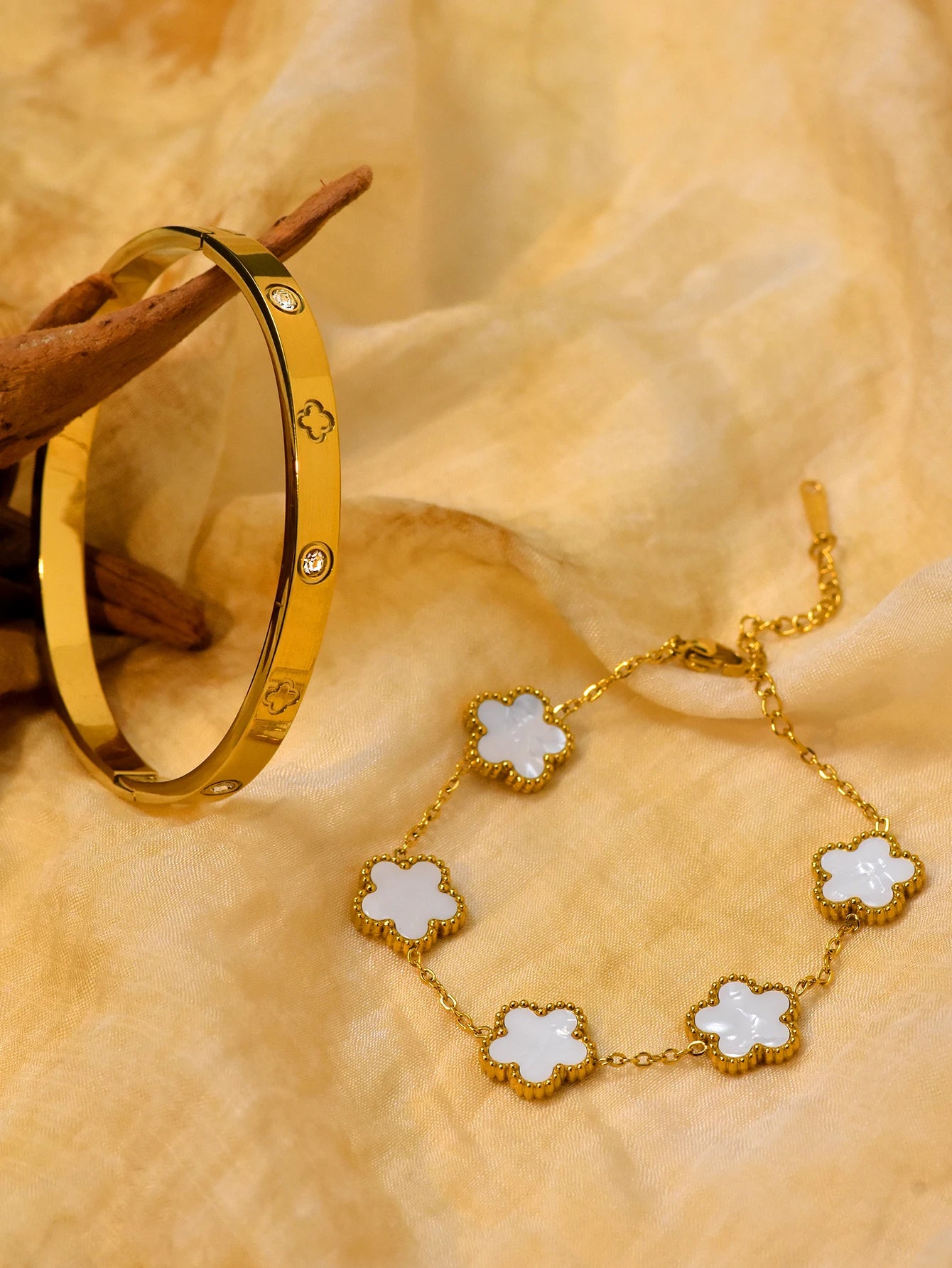 2 Pcs Stacked Stainless Steel Clover Bracelet Holiday Christmas Gift Set Everyday Jewellery In Stock Wholesale Available