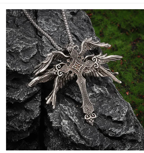 Classic Retro Angel Wings Cross Pendant Necklace
