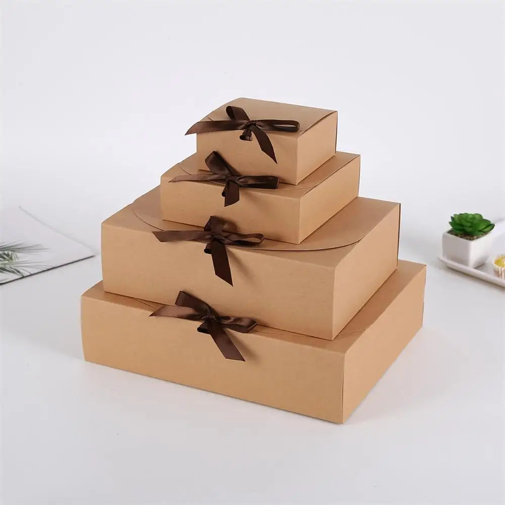 10pcs Square Flap Kraft Cardboard Wedding Party Candy Pastry Gift Paper Box Bow Knot Macaron Folding Exquisite Storage Box