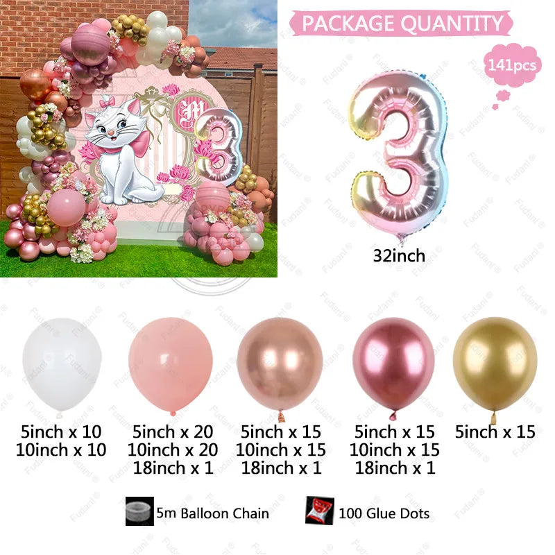 141pcs Disney Pink Marie Cat Balloons Arch Garland Kit Age 3 4 5th Birthday Party Decorations White Peach Latex Balls Air Globos
