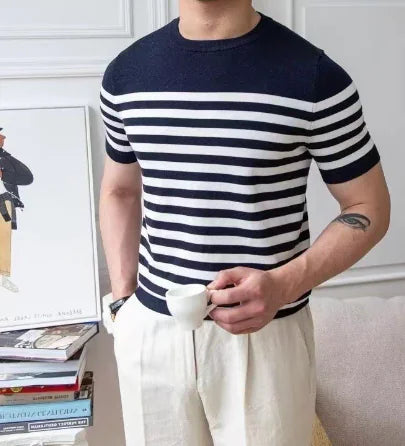 Men's Short Sleeve Striped Round Neck Ice Silk T-shirt
