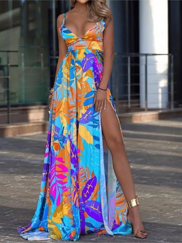 Color Print Spaghetti Strap Long Dresses Women Sexy Deep V-neck Backless Slit Dress Fashion Bohemian Beach Vacation Maxi Vestido