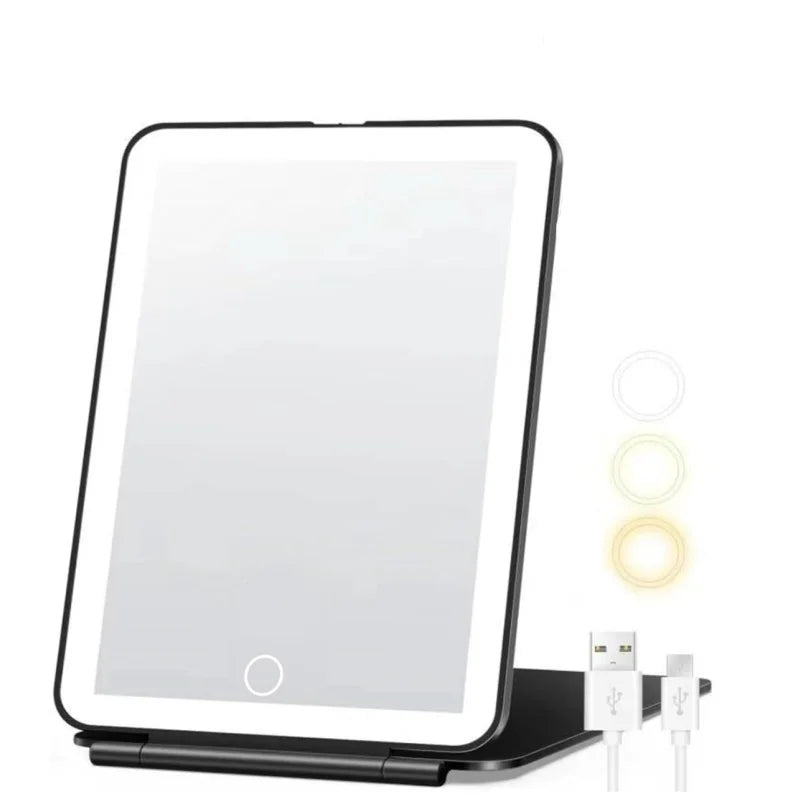 1PC rechargeable travel makeup mirror with LED light, 3-color lighting, portable ultra-thin illuminated makeup mirror, travel es