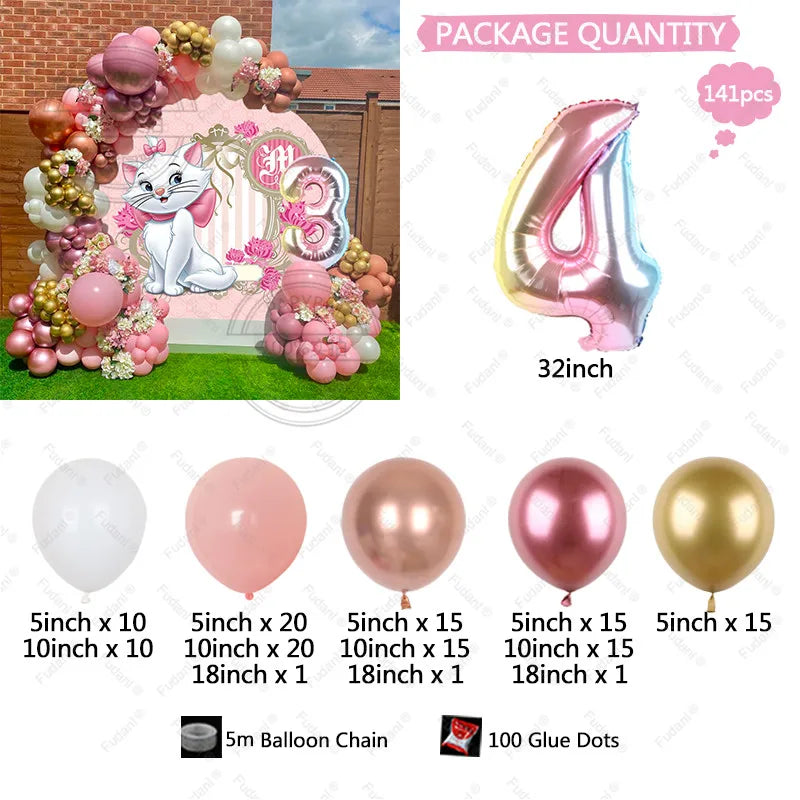 141pcs Disney Pink Marie Cat Balloons Arch Garland Kit Age 3 4 5th Birthday Party Decorations White Peach Latex Balls Air Globos