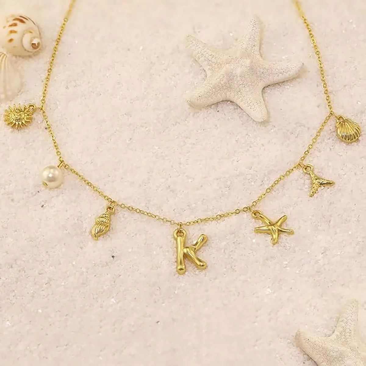 14K Gold Plated / Silver Initial Charm Necklaces for Women Girls,  A-Z Waterproof Boho Starfish Surfer Beach Choker Necklace