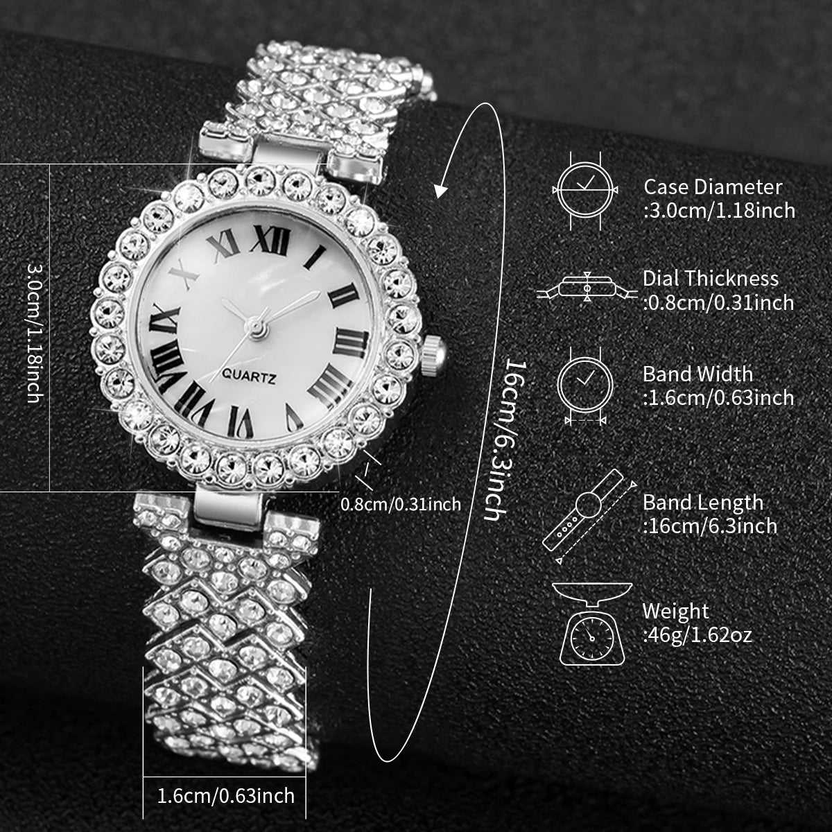 6PCS/Set Women's Watch Fashion Rhinestone Roma Dial Steel Band Quartz Watches Diamond Jewelry Set（Without Box）