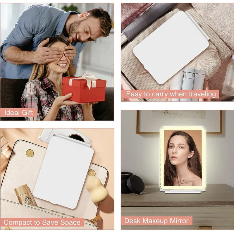 1PC rechargeable travel makeup mirror with LED light, 3-color lighting, portable ultra-thin illuminated makeup mirror, travel es