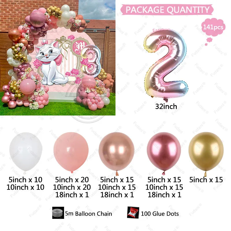 141pcs Disney Pink Marie Cat Balloons Arch Garland Kit Age 3 4 5th Birthday Party Decorations White Peach Latex Balls Air Globos