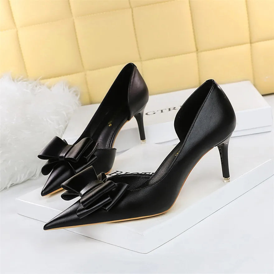 Side Hollow Soft Leather Women Pumps 7 Color Fashion Bowtie Pointed Toe High Heels Ladies Dress Wedding Shoes Woman Work Shallow