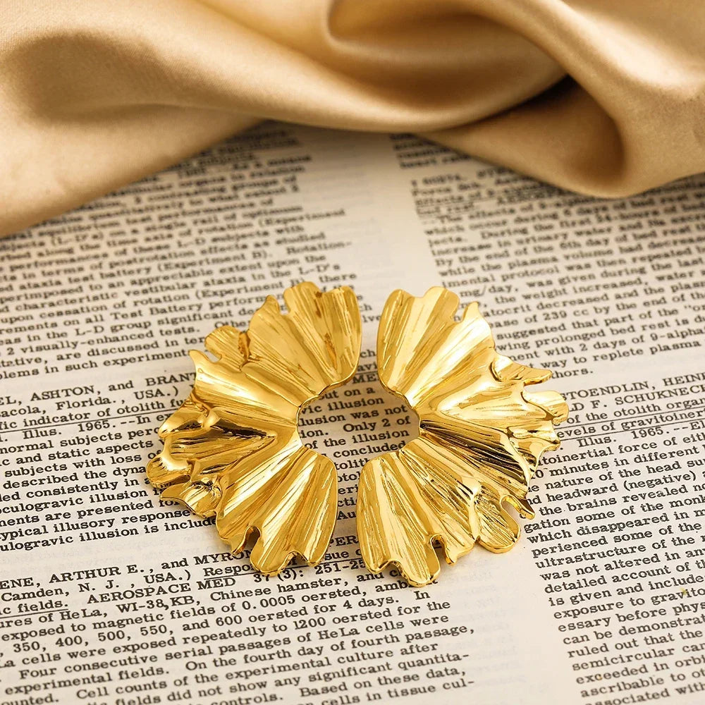 Creative Gold Plated Fan-shaped Stud Earrings for Women Unique Statement Gold Color Leaf Earrings Daily Waterproof Jewelry
