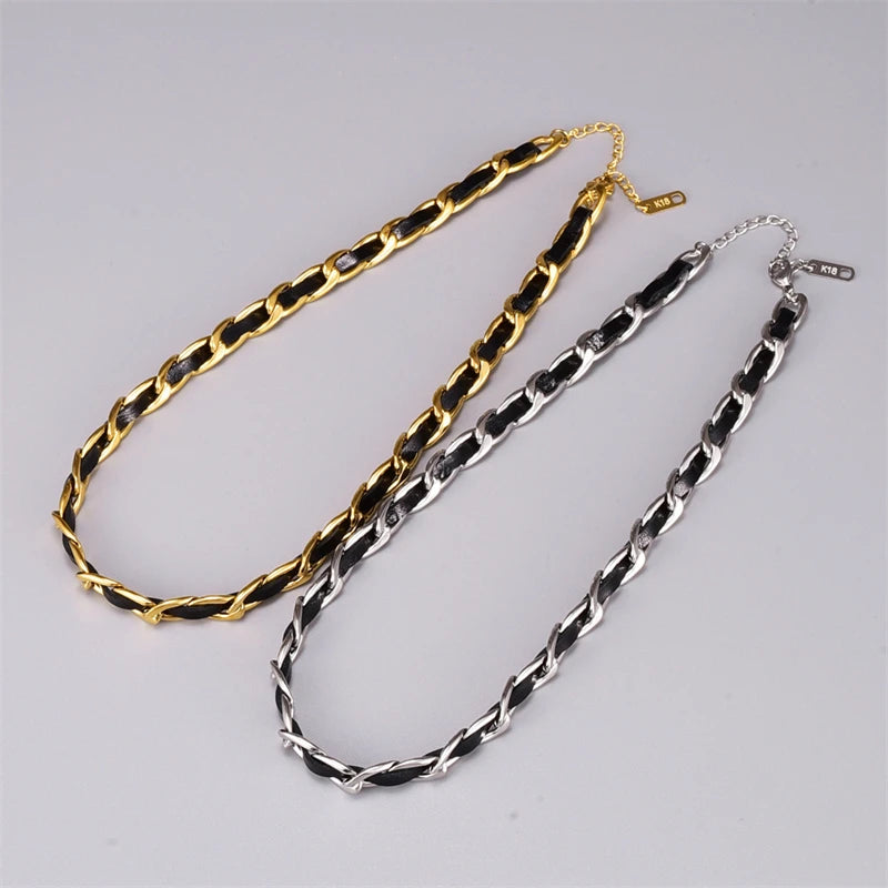 316L Stainless Steel New Fashion Fine Jewelry Leather Weave Interweave Charms Thick Chain Choker Necklaces & Pendants For Women