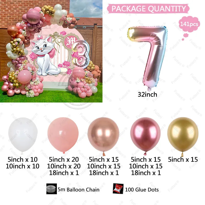 141pcs Disney Pink Marie Cat Balloons Arch Garland Kit Age 3 4 5th Birthday Party Decorations White Peach Latex Balls Air Globos