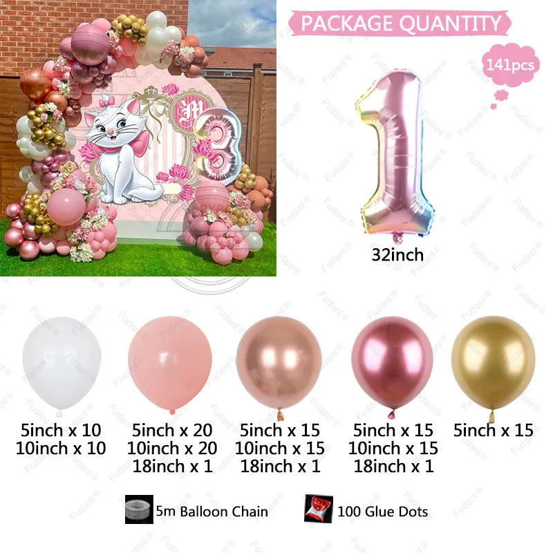 141pcs Disney Pink Marie Cat Balloons Arch Garland Kit Age 3 4 5th Birthday Party Decorations White Peach Latex Balls Air Globos