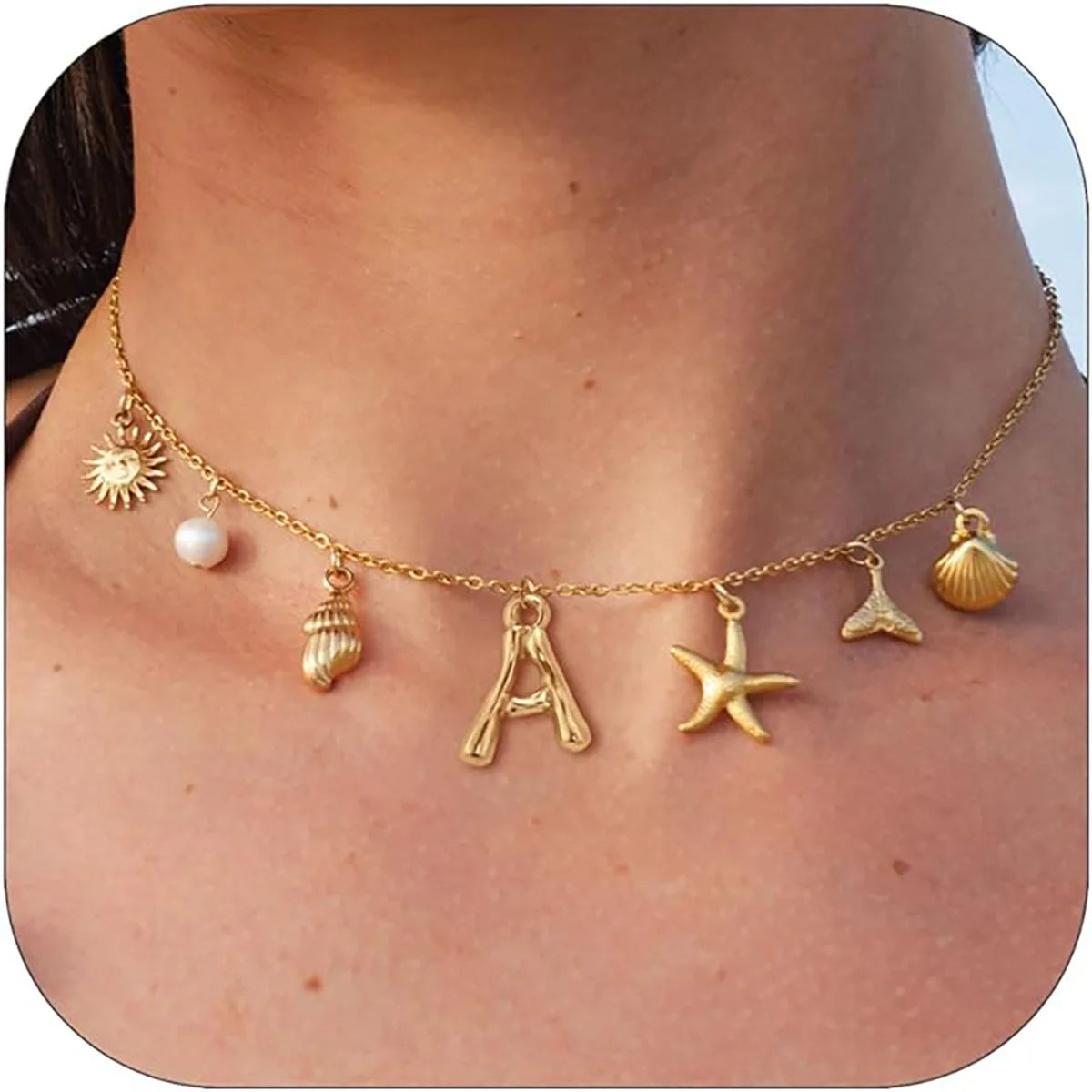 14K Gold Plated / Silver Initial Charm Necklaces for Women Girls,  A-Z Waterproof Boho Starfish Surfer Beach Choker Necklace