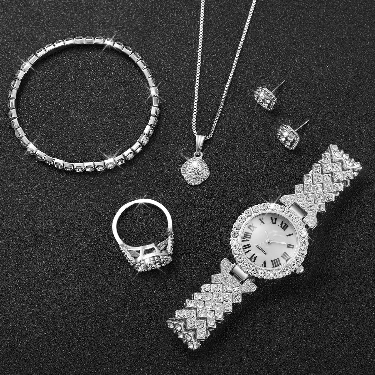 6PCS/Set Women's Watch Fashion Rhinestone Roma Dial Steel Band Quartz Watches Diamond Jewelry Set（Without Box）