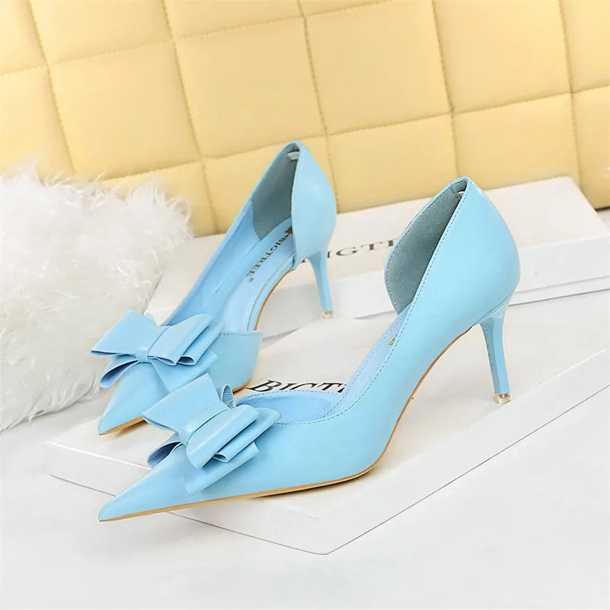 Side Hollow Soft Leather Women Pumps 7 Color Fashion Bowtie Pointed Toe High Heels Ladies Dress Wedding Shoes Woman Work Shallow