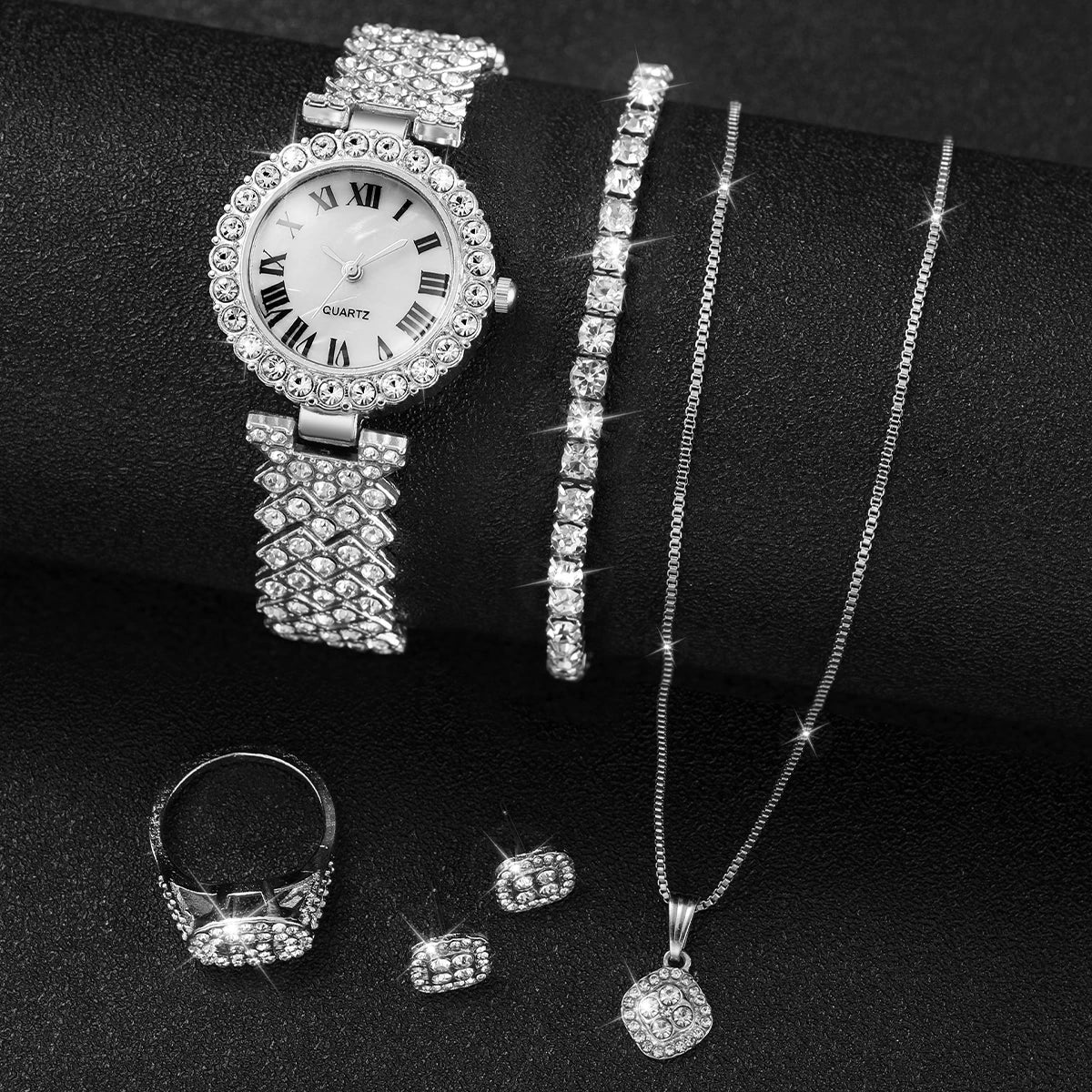 6PCS/Set Women's Watch Fashion Rhinestone Roma Dial Steel Band Quartz Watches Diamond Jewelry Set（Without Box）