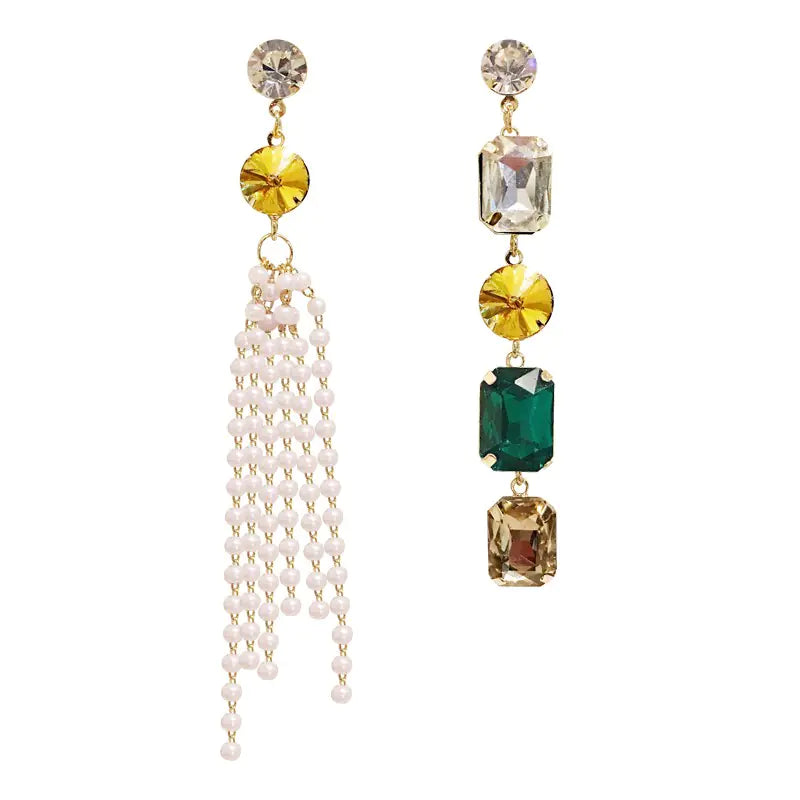 Exaggerated Asymmetrical Crystal Earrings with Pearls