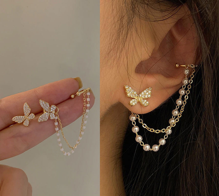 Butterfly Ear Clips for Women - Korean Style Tassel Earrings