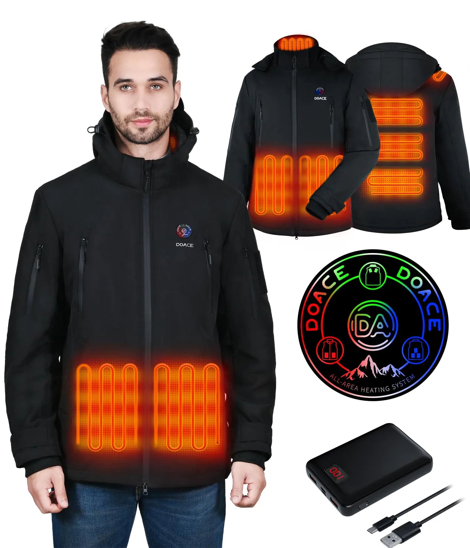 DOACE 12V Soft Shell Heated Jacket for Men and Women with14400mAh Battery Pack Winter Outdoor Unisex Electric Heating Hoodie (Large)