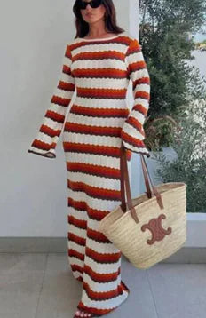 Striped Knitted Maxi Dress for Summer Vacation (One Piece)