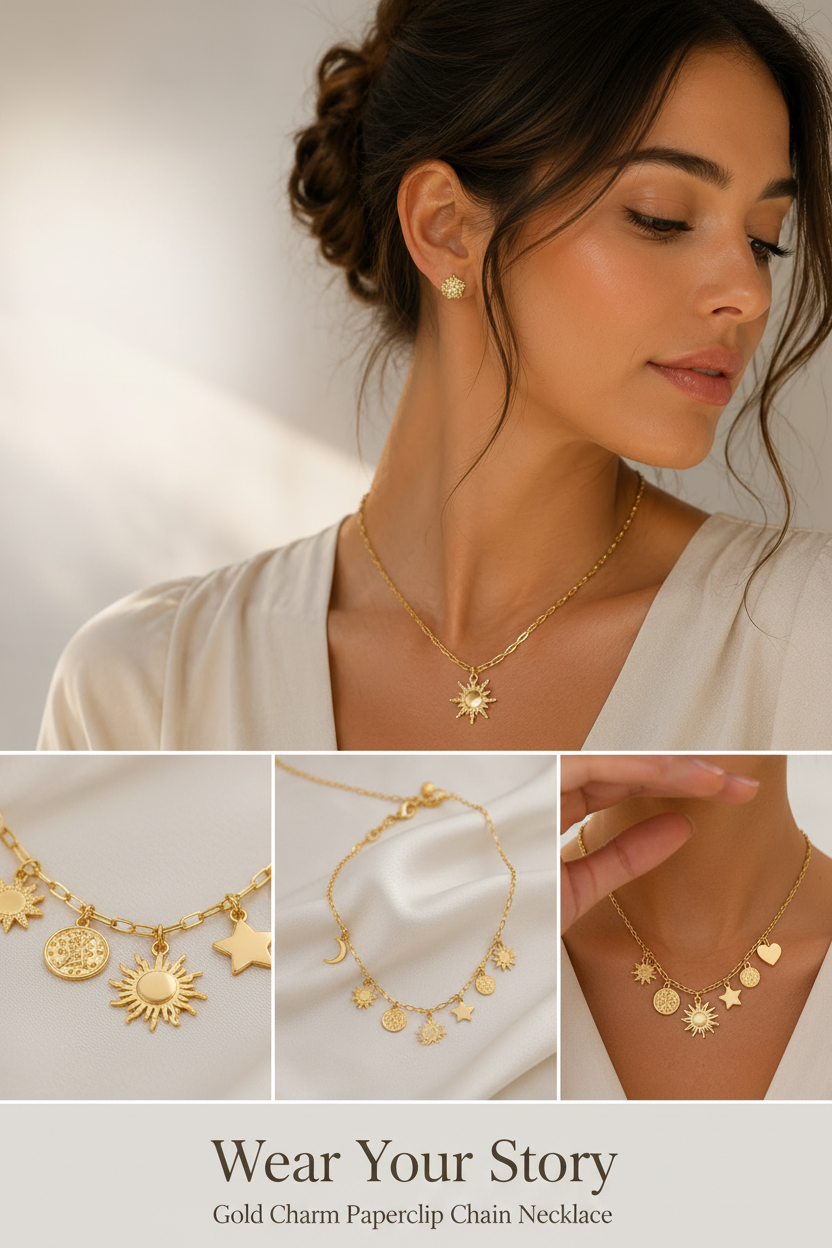 Gold Charm Paperclip Chain Necklace lifestyle marketing image