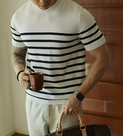 Men's Short Sleeve Striped Round Neck Ice Silk T-shirt