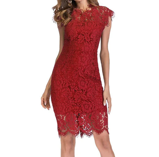 Lace Bodycon Cocktail Dress with Short Sleeves (One Piece)