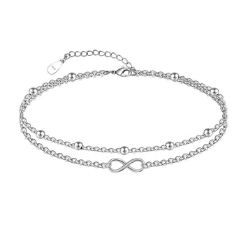 CHIC & ARTSY Infinity Anklet 925 Sterling Silver Infinity Layered Anklet for Women Double Layer Infinity Anklet Bracelet Cute Multi Layered Anklet Infinity Sign Chain Anklet